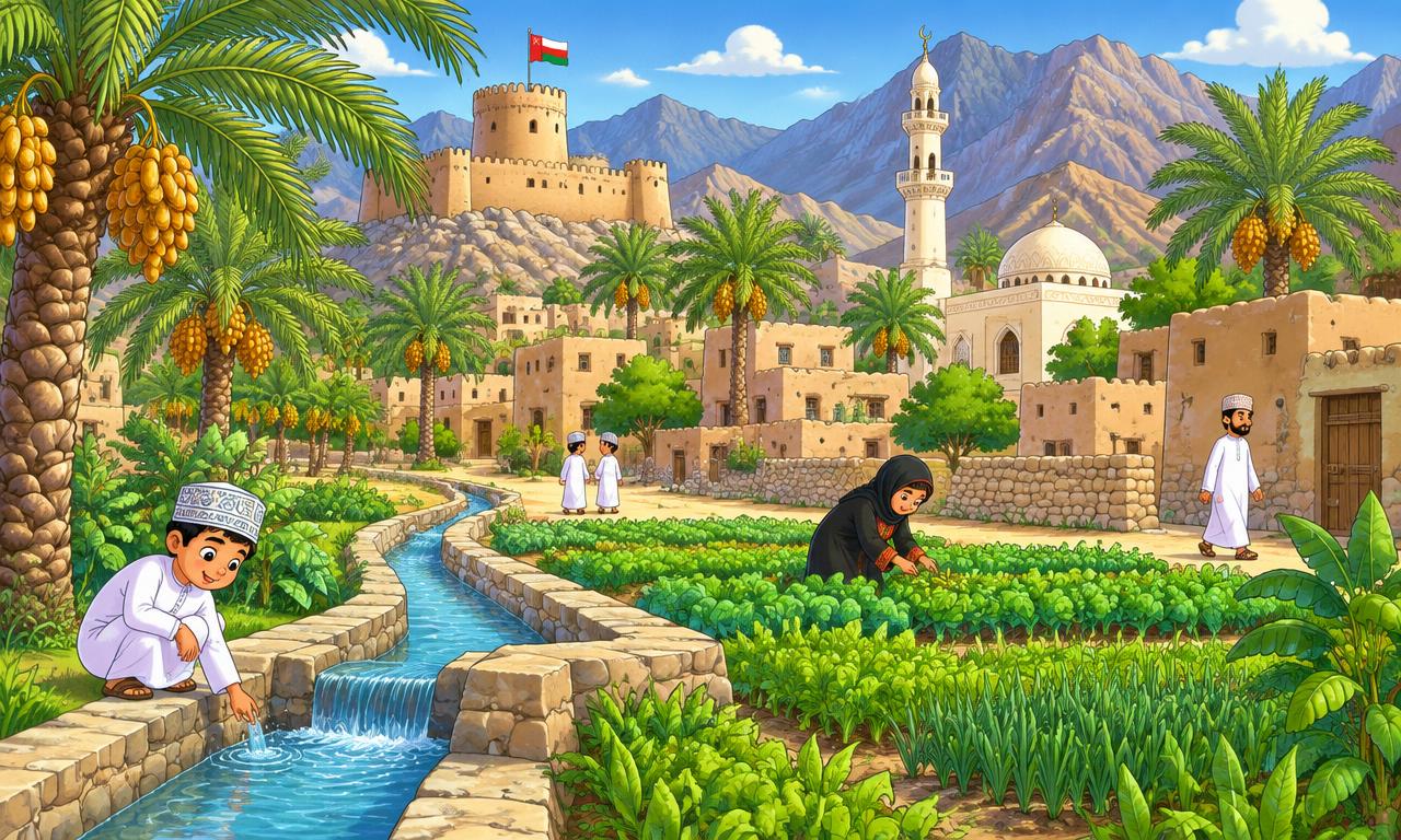 قرية عُمانية فيها فلج ونخيل ومزارع